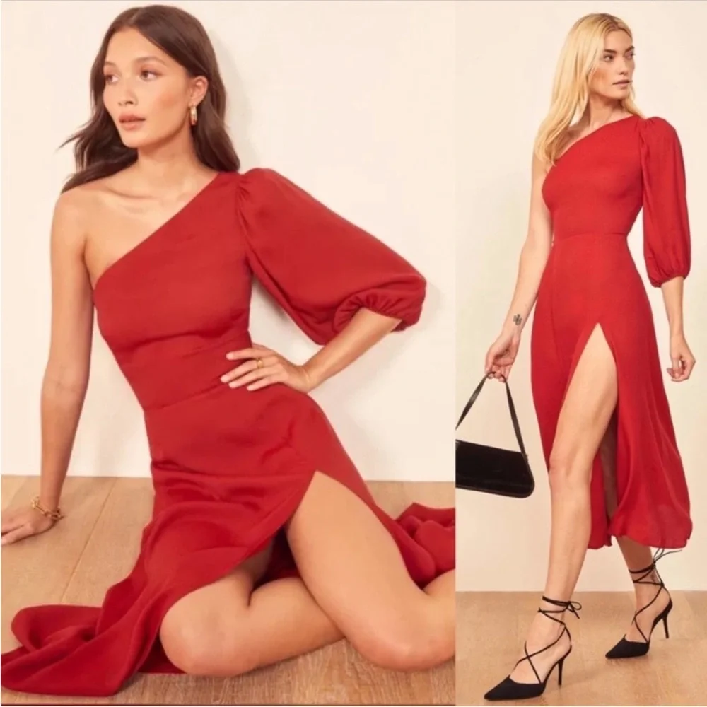 Reformation Red Lawrence One Shoulder High Slit MIDI Dress Sz 2 - Picture 4 of 10